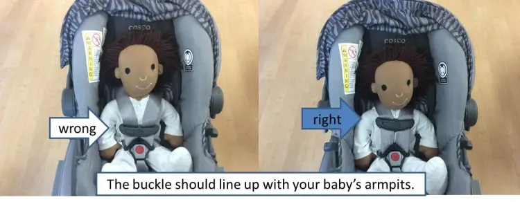 A graphic showing how the buckle should line up with the baby's armpits