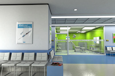 Clinics waiting room with an operating room in the background